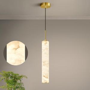 LMQNINE Natural Alabaster Pendant Lights for Kitchen Island White Marble Long Tube Chandelier Modern Gold Ceiling Light Fixtures for Bedroom Dining Room Table Living Room Hallway(M-1Pack)
