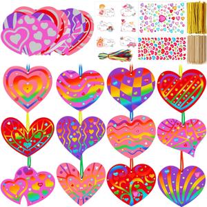 Kolldenn 96 Pcs Valentine Heart Scratch Cards Art Ornaments Colorful Heart Crafts Purple Red and Pink Paper Scratch Decorations for Home DIY Holiday Party Favors