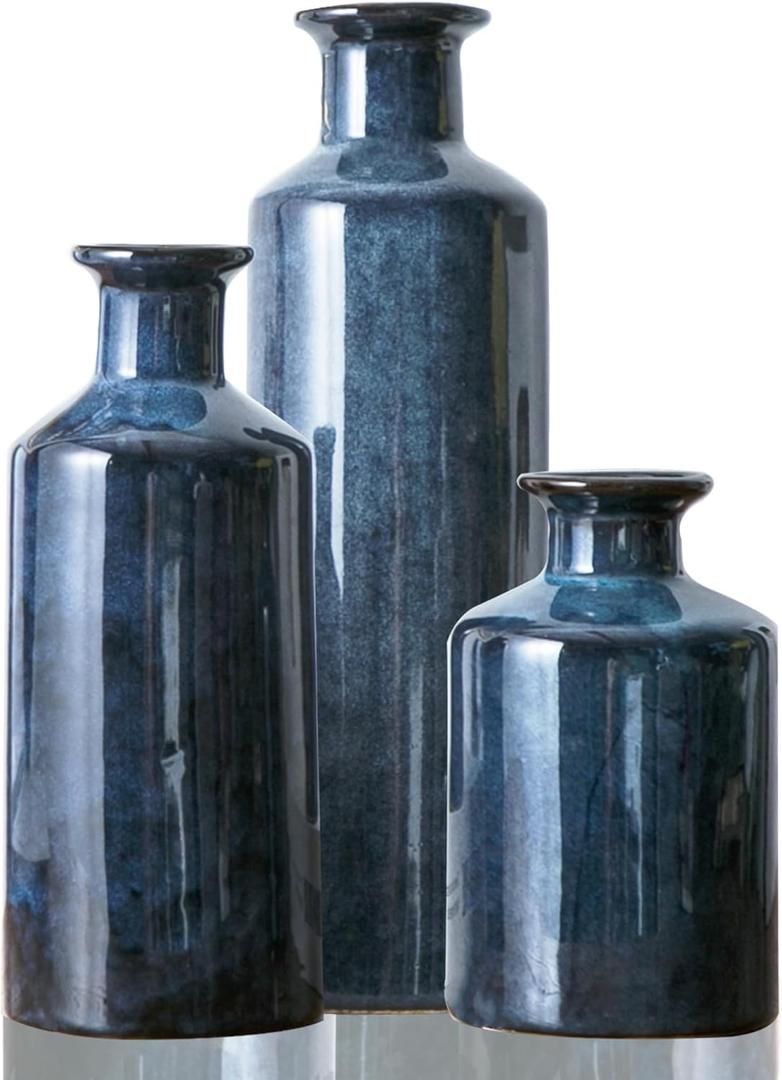 Blue Ceramic Vase Set of 3 Small Vases, Modern Farmhouse for Home Decor Bottles, Rustic Terracotta Vase Decorative Vases for Table,Fireplaces Decor, Bookshelf, Living Room