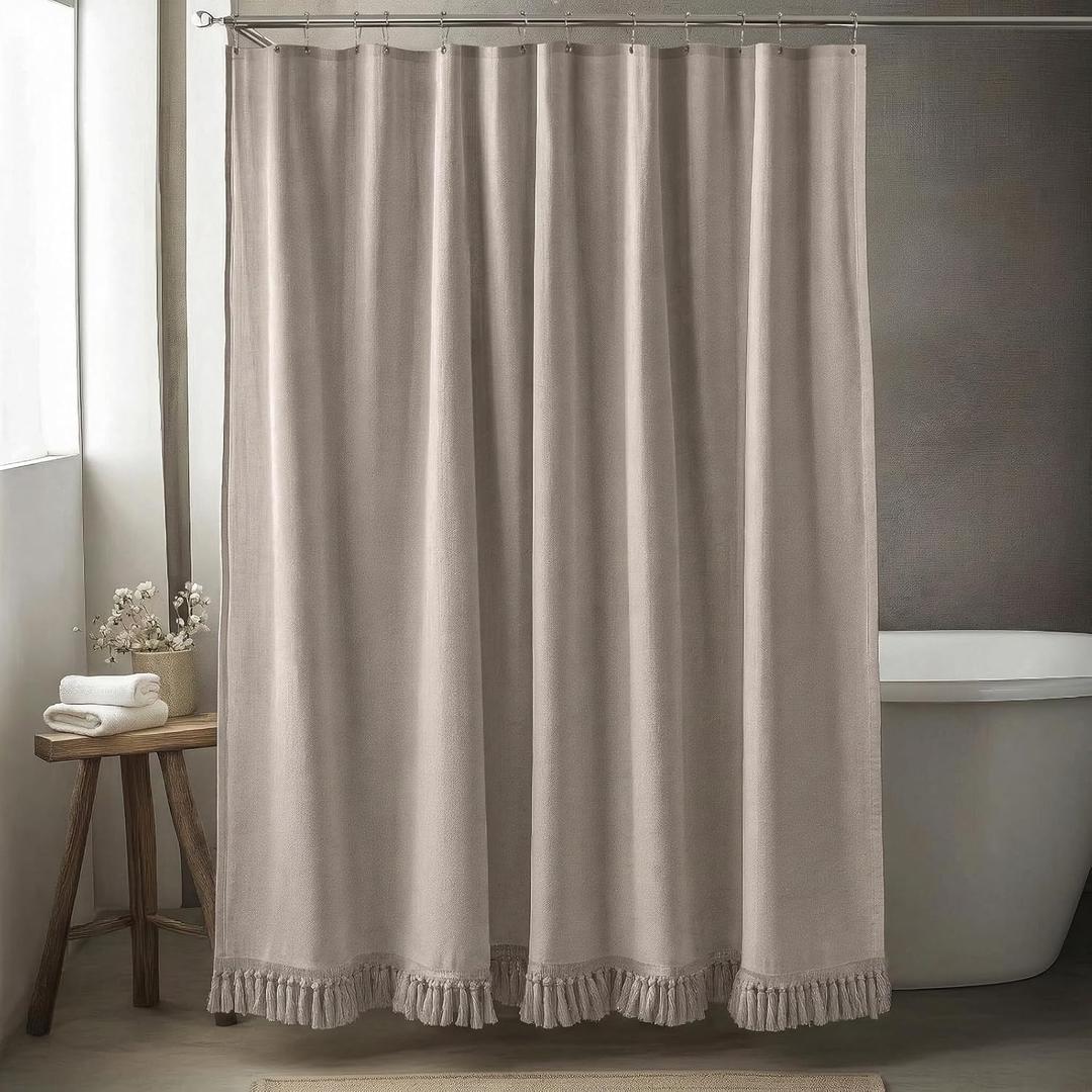 Taupe Shower Curtain Linen Shower Curtain with Tassels Boho Shower Curtains for Bathroom Rustic Farmhouse Shower Curtains Bath Decor (72"x72")