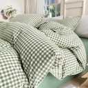 LifeTB Green Gingham Comforter Set Full Size Boho Plaid Checkered Pattern Comforter Geometric Grid Plaid Printed Bedding Comforter Set with 2 Pillowcases Fluffy Soft Gingham Bedding Set Full Size
