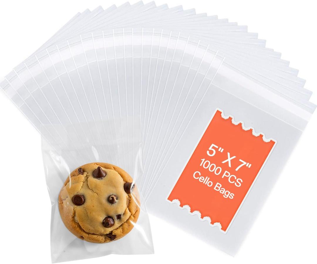 Joybest 1000 Pack - 5 x 7 Inch Clear Cellophane Bags, Self Sealing Cello Plastic Poly Bags for Cookie, Treats, Candy, Bakery, Party Favors
