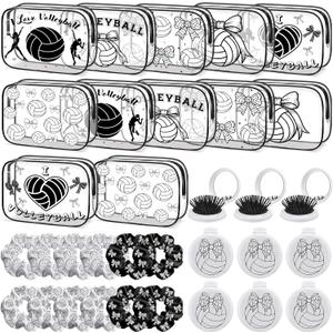 36 Pcs Volleyball Gifts for Girl 12 Black White Volleyball Makeup Bag Bulk Bow Cosmetic Bag Sport Team Gifts with 12 Sport Hair Scrunchies 12 Round Portable Folding Brush Mirror for Team
