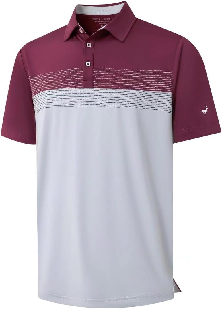 Rouen Polo Shirts for Men Quick Dry Regular Fit Casual Color Block Chest Print Active Short Sleeve Collared Mens Golf Shirt (Gray, S)