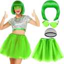 PLULON Grass Green Bob Wig Tutus Heart Sunglasses for Women Costume, Neon Party Short Bob Wigs with Bangs 80s Puffy Tulle Skirt for Disco Bachelorette Mardi Gras Party Music Festivals Stage Dance