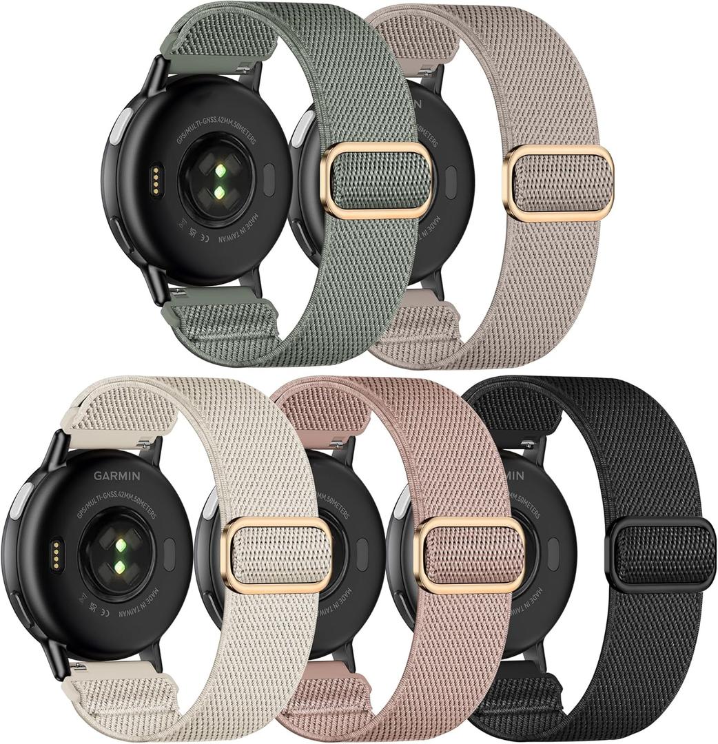 5 Pack Stretchy Nylon Watch Bands Compatible with Garmin Vivoactive 5/6/Forerunner 55/165,20mm Soft Elastic Fabric Adjustable Replacement Sport Straps for Garmin Venu Sq 2 Women Men (black/starlight/rose pink/cactus/stone)