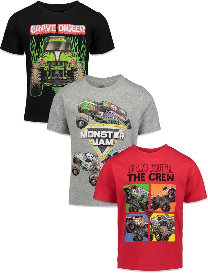 Monster Jam Boys' 3-Pack T-Shirt Set Toddler to Big Kid (Black)
