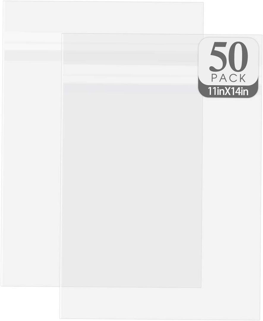 Golden State Art, 50 Pack Clear Bags for 11x14 Mats, Pictures, Acid-Free, 11 1/4" x 14 1/8"
