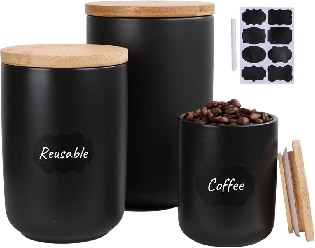 Kitchen Canisters Set with Airtight Bamboo Lid, Ceramic Canister Set of 3, Coffee, Flour, Tea Containers for Countertop, Food Storage Containers with Sugar, Black