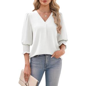 AGSEEM Women's 3/4 Length Sleeve Dressy Casual Summer Tops Smocked Cuffs (White, M)