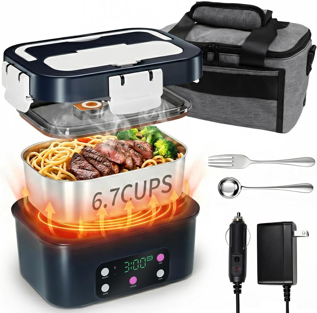 Electric Heated Lunch Box, 6.7 Cups | 1.6L, 15600mA Battery Powered, Portable Cordless Self Fast Heating Food Container Warmer, Timer Preset Heating, Car, Truck, Picnic, Outdoor Work Use