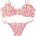 Lilosy Sexy Underwire Cute Push Up Strappy Embroidered Mesh Sheer Lingerie Set See Through Panty Bra Size SX