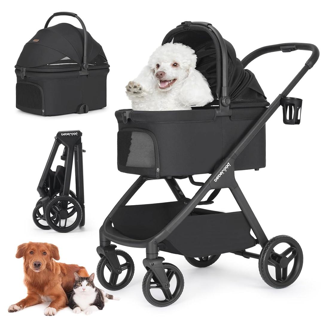 X-5 Luxury Pet Stroller for Medium Dog Up to 55 lbs or 2 Small Dogs Cats, 3-in-1 Detachable Carrier & Car Seat, One-Touch Folding, Adjustable Handle, All-Terrain Wheels (Black)