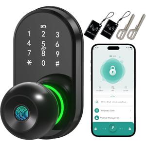 Smart Door Lock Keyless Entry Door Lock with Knob, Keypad Fingerprint Door Lock with Handle, Electronic Digital Code for Front Door, App Remote Control, Easy Installation