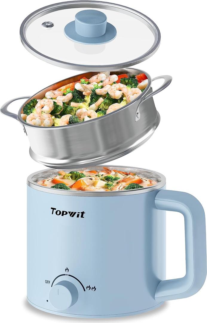 Topwit Hot Pot Electric with Steamer, 1.6L Ramen Cooker, Electric Pot for Pasta, Shabu-Shabu, Oatmeal, Soup and Egg, Portable Cooker with Dual Power Control, Dorm Room Essentials, Blue