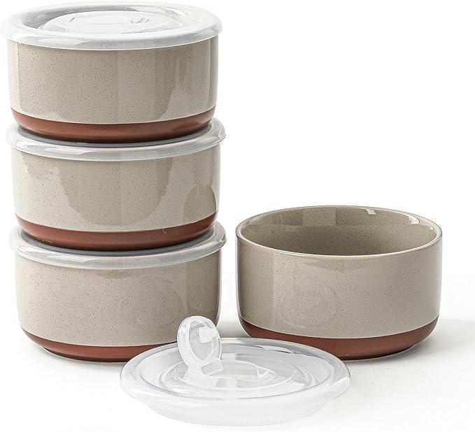 Ceramic Bowls Set with Lids: Set of 4 Microwave Safe Bowls for Soup Meal Prep Cereal Salad Fruit - Food Storage Containers with Lids for Work Lunch Pinic Camping -Grey-4pcs