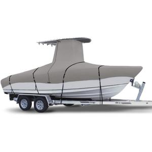 900D Marine Grade Fade and Tear Resistant Trailerable T-Top Boat CoverHeavy-Duty Waterproof and UV-Proof TTOP Boat Storage Cover with Windproof Metal Buckle Straps Fit 26ft-28ft Long(Gray)