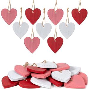 Valentine Wooden Heart Ornaments Set, 18pcs Rustic Farmhouse Distressed Wooden Hearts in Red, Pink & White, Vintage Wood Valentine Dcor for Home, Tiered Tray, Mantel, Fireplace, Shelf, or Office