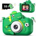 Dinosaur Kids Camera for Boys Girls, Toddler Digital Selfie Camera with Cute Protective Cover and 32G SD Card, Christmas Birthday Gifts Toys for 3 4 5 6 7 8 9 10 11 12 Years Old Little Girls and Boys (Green)
