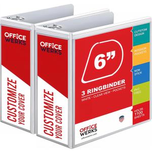 2 Pack of 6 Inch 3 Ring Binder with Locking Angle D Rings, Professional Heavy Duty Large Storage Binder with Pockets, Fits 8.5 x 11 Inch Sheets, Non-Stick Clear View Cover, Customizable, White