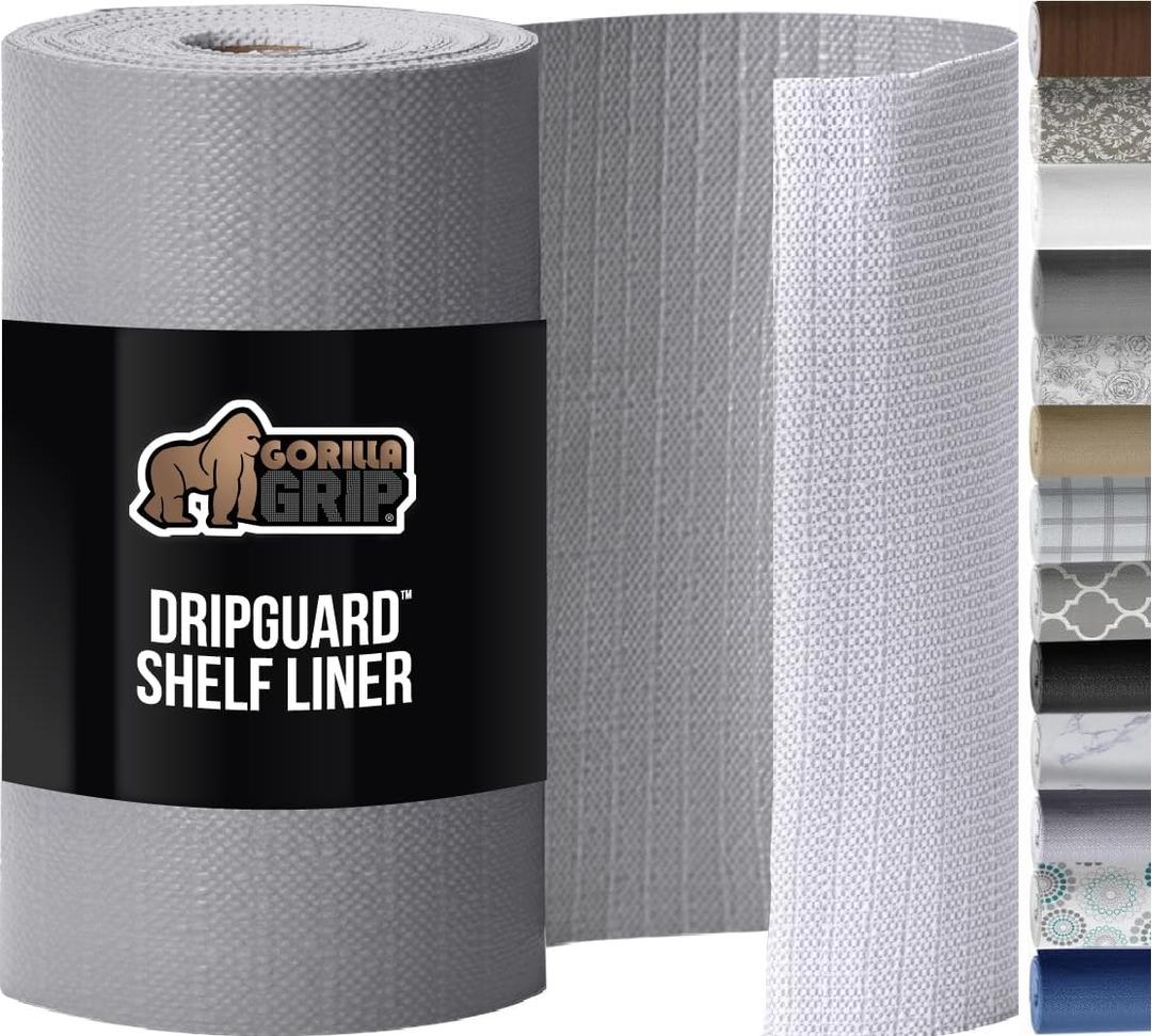 GORILLA GRIP DripGuard Shelf Liner, Non-Adhesive Drawer and Kitchen Cabinet Protector, Strong Grip Slip Resistant Underside, Smooth Surface Liners for Cabinets, Bathrooms, Closets, 17.5x120 Inch, Gray