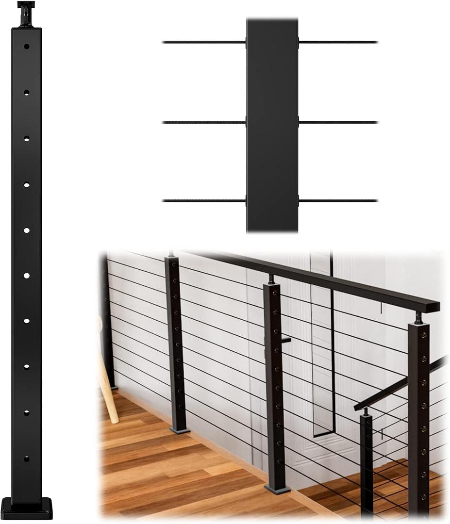 Muzata Black Cable Railing Post 36 Inch 36"x2"x2" Level Drilled Surface Mount T304 Stainless Steel Cable Railing System Kit Indoor Outdoor with Paper User Guide PS01 BH4S