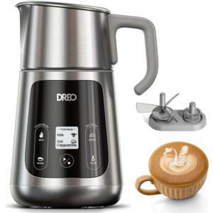 Dreo All-in-1 BaristaMaker Milk Frother, Electric Foam Frother for Latte Art Microfoam and Coffee, 15oz/450ml Automatic Milk Warmer with 30 Drinks, Dishwasher Safe, Dairy/Plant-Based Milk (Silver)