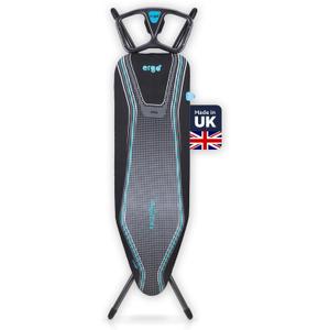 Minky Ergo Prozone Ironing Board | Made in UK | Dual Iron Rest, Heat Reflective Cover, Thick Felt Underlay - Freestanding Ironing Board with Large 48" x 15" Ironing Surface (Gunmetal and Blue)