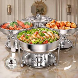 Rengue 5 QT Chafing Dishes, 4 Pack Premium Stainless Steel Complete Set, Round Chafing Dish Buffet Set, Heating and Cooling Chafing Dish for Gatherings Banquets, Buffets, Parties, Weddings