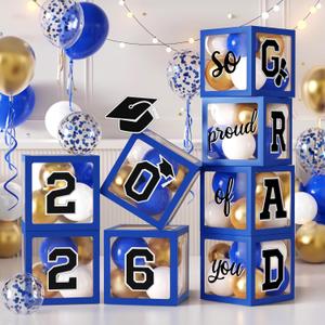 2026 Graduation Party Decoration, Blue Balloon Boxes with Letters 2026 Grad & So Proud of You, 20pcs Latex Balloons, Class of 2026 School Grad Party (Blue)