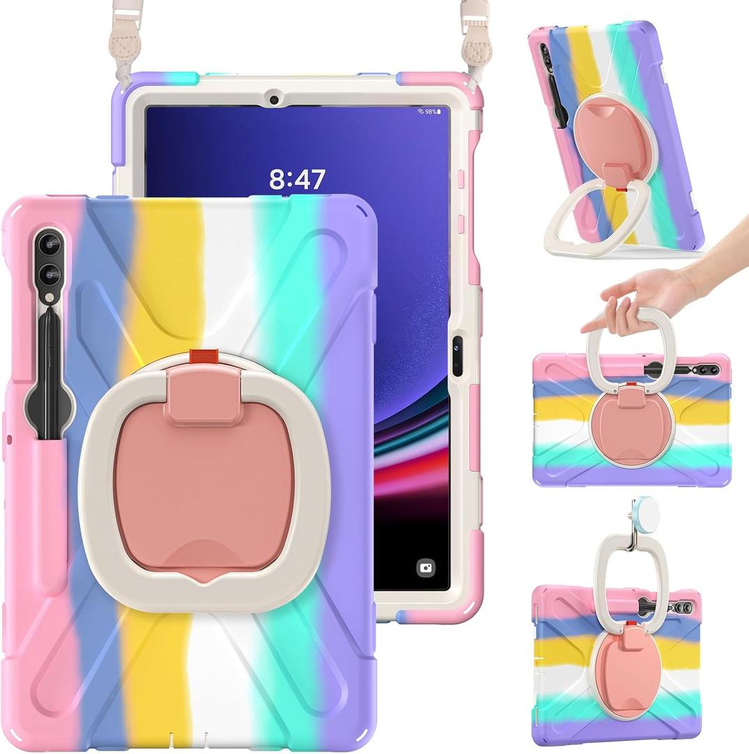 BRAECN Case for 12.4 Inch Samsung Tablet S9 FE+ Plus/ S9+ Plus/ S8+/ S7 FE/ S7+ SM-X610/810 2023, Rugged Silicone Case with S Pen Holder, Handle Grip, Kickstand,Shoulder Strap, Colorful Pink