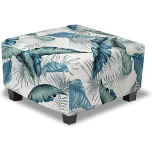 Ottoman Cover Square Slipcovers Printed,Stretch Footrest Stool Cover for Ottoman Square,Soft Foot Stool Cover Protector with Nonslip Elastic Bottom (Large,Palm Leaf)