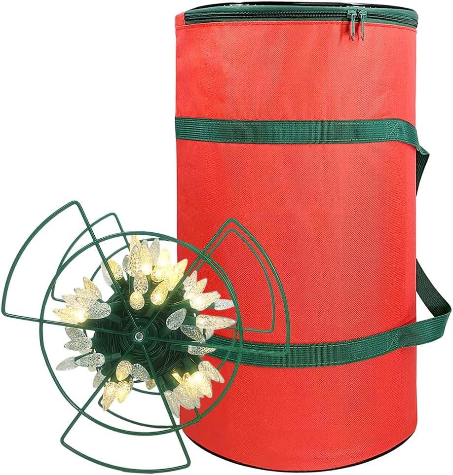 Sattiyrch Christmas Light Storage Bag - with 4 Metal Reels to Store A Lot of Holiday Christmas Lights Bulbs, Tear Proof 600D Oxford Fabric, Reinforced Stitched Handles