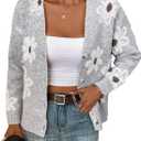SHENHE Women's Floral Cardigan Sweater Open Front Long Sleeve Button Down Knit Sweater Outerwear (Large, Grey)