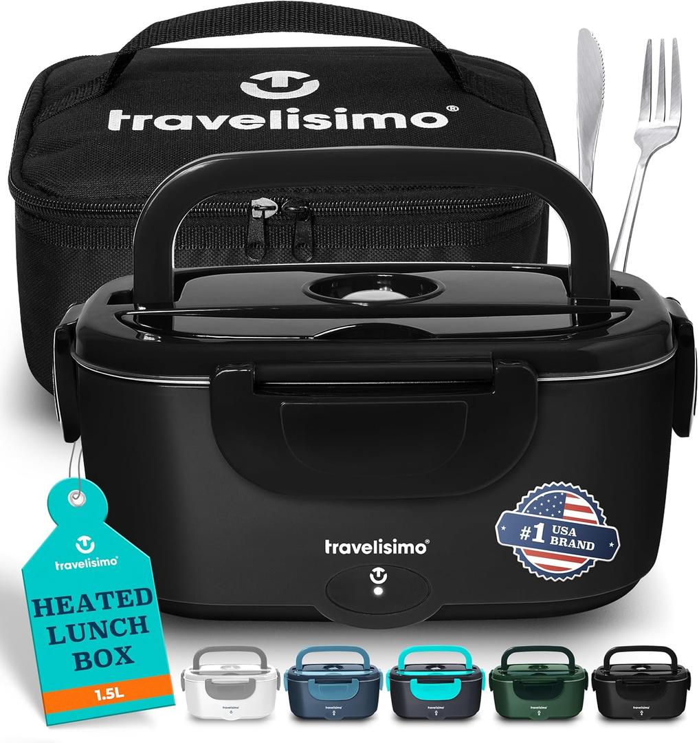 TRAVELISIMO Electric Lunch Box for Adults 100W Heated Lunch Box For Men 1.5L Stainless Steel Portable Food Warmer, 12/24/110V Electric Food Warmers for Travel & Work (Black)