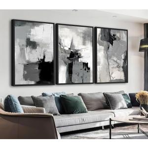 Large Framed Canvas Wall Art - Retro Grey Graffiti Pictures for Living Room Rustic Abstract Wall Decor Vintage Prints for Bedroom Dinning Room Black Float Framed 24" X 36" X 3 pcs