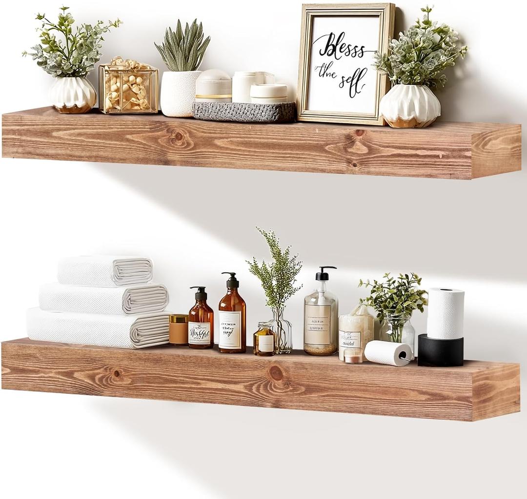 36x3x7 inch Floating Shelves Wall Mounted - Set of 2 Wood Rustic Solid Wood Wall Shelf - Heavy Duty Decorative Fireplace Mantel for Living Room, Bedroom, Bathroom, Kitchen