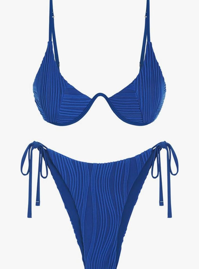 ZAFUL Women's Bikini Sets Ribbed Two Piece Swimsuits Underwire Adjustable Back Clasp Bathing Suit Side Tie Thong Swimwear, M