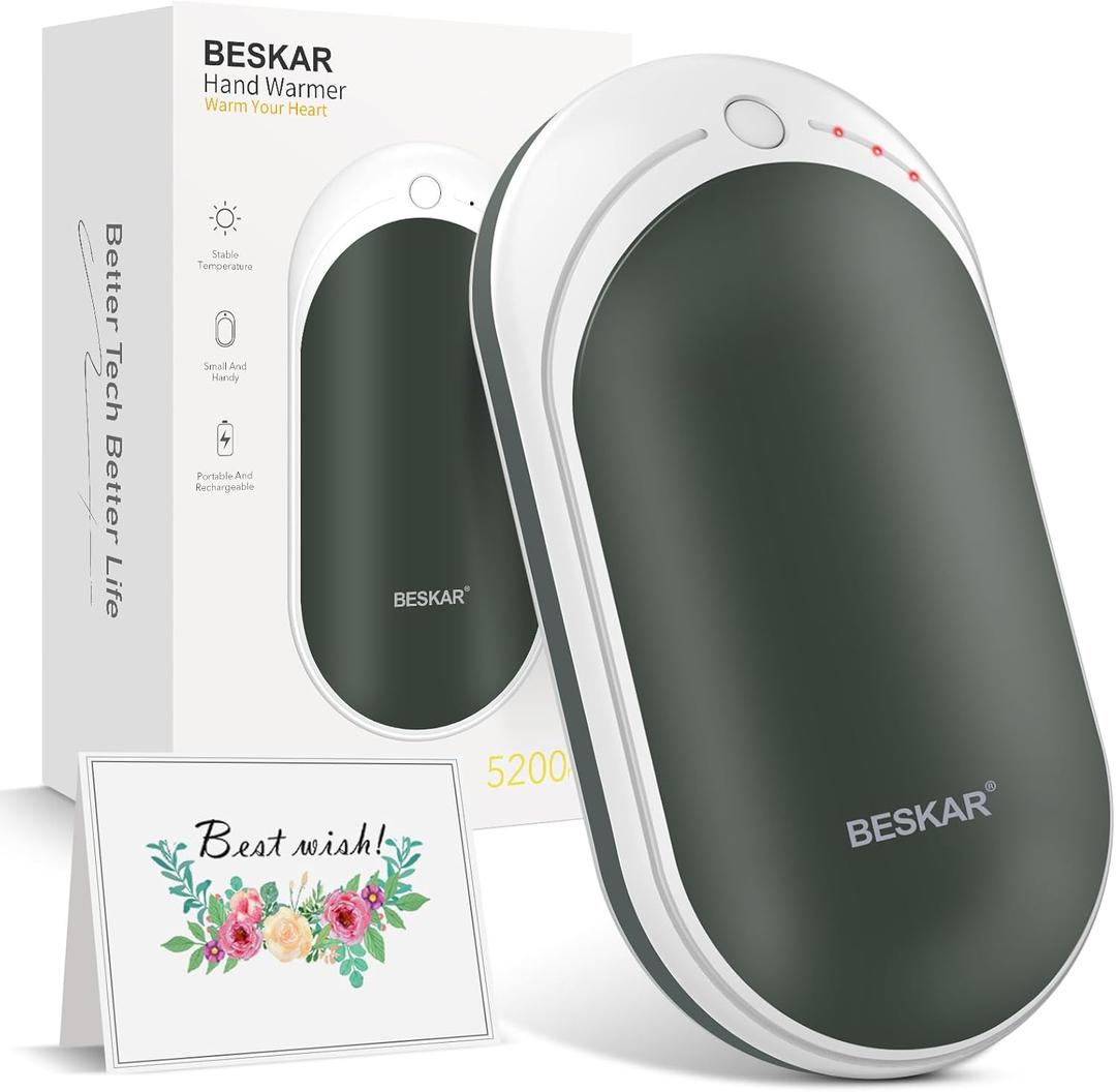 BESKAR Rechargeable Hand Warmer, 5200mAh Electric Hand Heater, Double-Sided Heating, USB Quick Charge, Portable Pocket Hand Warmer for Outdoor, Golf, Raynauds - Winter Gift (Blackish Green)