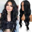 Long Wavy Black Wigs for Women Lace Hairline Middle Part Curly Wigs Natural Looking Synthetic Heat Resistant Fiber Daily Party Use 26"