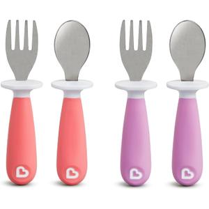 Munchkin Raise Toddler Fork and Spoon Utensil Set, Rest Keeps Tip Off Table, BPA Free, 4 Pack, Pink/Purple