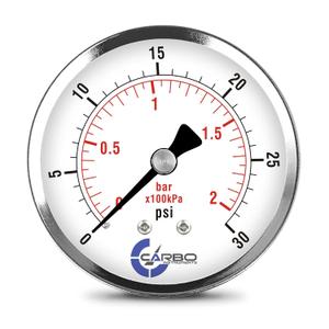 2-1/2" Pressure Gauge, Chrome Plated Steel Case, Dry, 0-30 psi/kPa, Back Mount 1/4" NPT