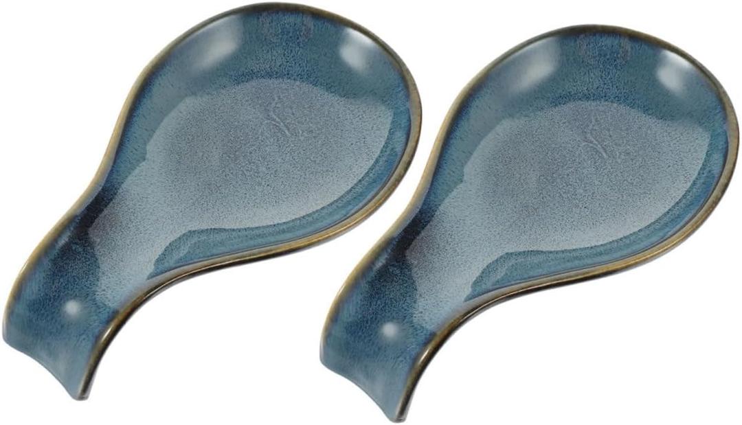 2pcs Blue Glazed Ceramic Spoon Rest Set Kitchen Counter Spoon Holder Compact and Delicate Rests for Cooking and Dining