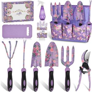 Gardening Tools, WisaKey 10 Piece Heavy Duty Purple Garden Tool Set Durable Garden Supplies Organizer Bag Garden Hand Tools Grandmother Granny for Woman Mothers