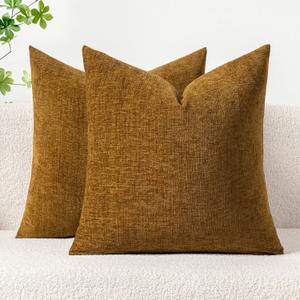 MIULEE Pack of 2 Couch Throw Pillow Covers 18x18 Inch Soft Mustard Chenille Pillow Covers for Sofa Living Room Solid Dyed Pillow Cases