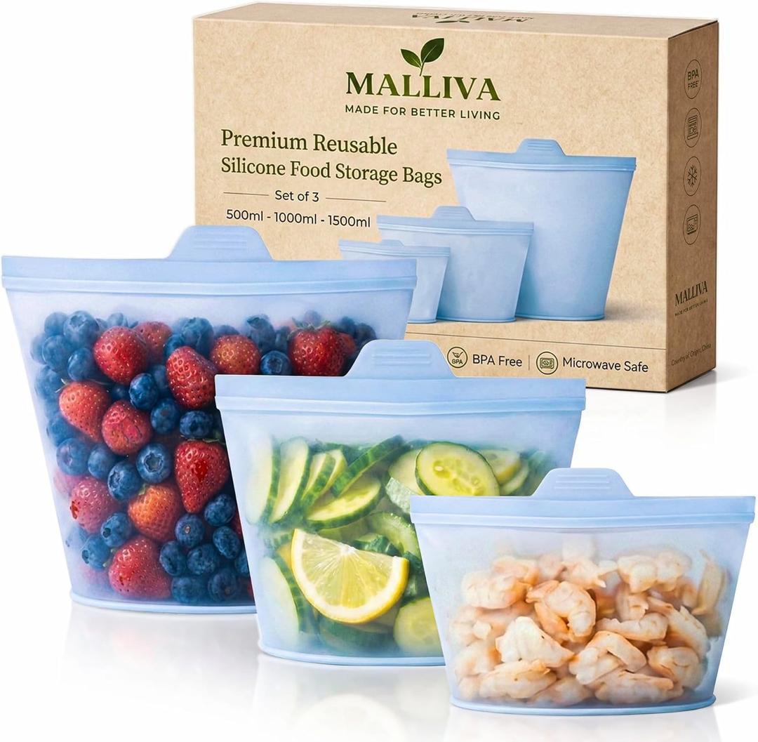 Reusable Silicone Bags for Food Storage, 3 Pack(17, 34 & 51oz), Stand Up Ziplock Bags, Meal Prep Bag, Sandwich Bag, Snack Bag, Travel Pouches, BPA Free, Freezer, Microwave & Dishwasher-Safe