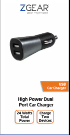 ZGR 24W DUAL USB CAR CHARGER EA