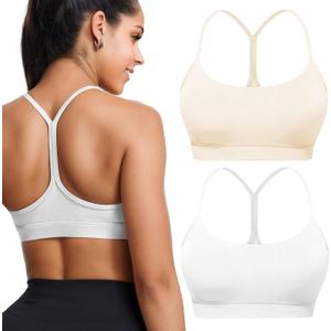 Buauty 2 Packs Y Back Sports Bra for Women, Low Impact Padded Racerback Spaghetti Strap Bras, Workout Yoga Tops (Small, 2p-white+beige)