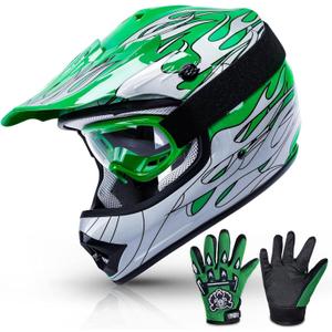TCMT DOT Youth Kids Dirt Bike Helmet Youth Motocross Helmet Full Face ATV Four Wheeler Motorcycle BMX Helmet for Boys Girls, Off-Road Protective Gear with Goggles Gloves New (Pattern: Green Frame)