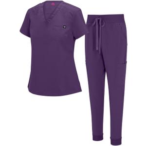 Natural Uniforms Womens Cool Stretch Modern Tuck-In Top Yoga Jogger Scrub Set with Regular and Petite Sizes (XX-Large, Eggplant)